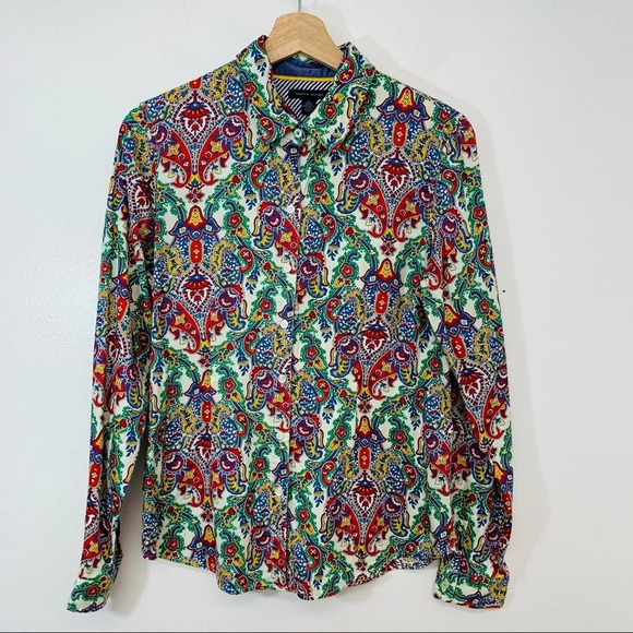 Tommy Hilfiger Blouse Woman Medium Colorful Button Up Cotton Floral Office Retro - Picture 1 of 9